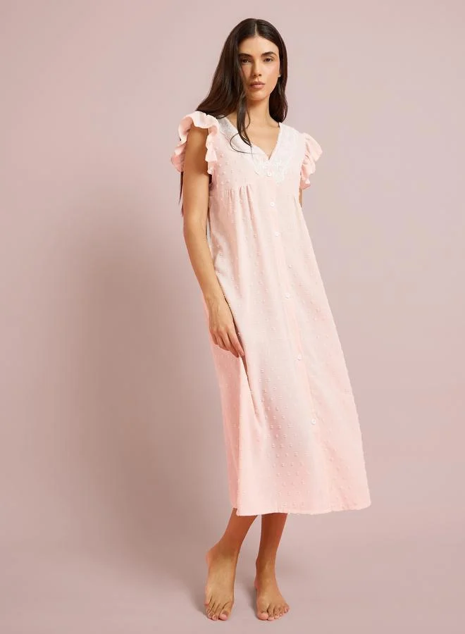 ستايلي Pink Lace Detail Ruffle Sleeve Buttoned Nightdress