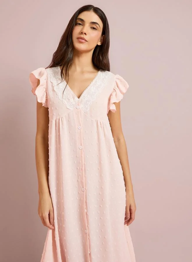 ستايلي Pink Lace Detail Ruffle Sleeve Buttoned Nightdress
