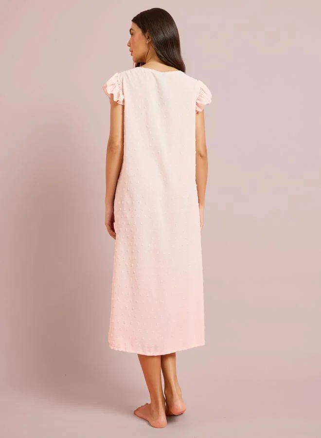 Styli Pink Pink Lace Detail Ruffle Sleeve Buttoned Nightdress for Women | Best Price UAE