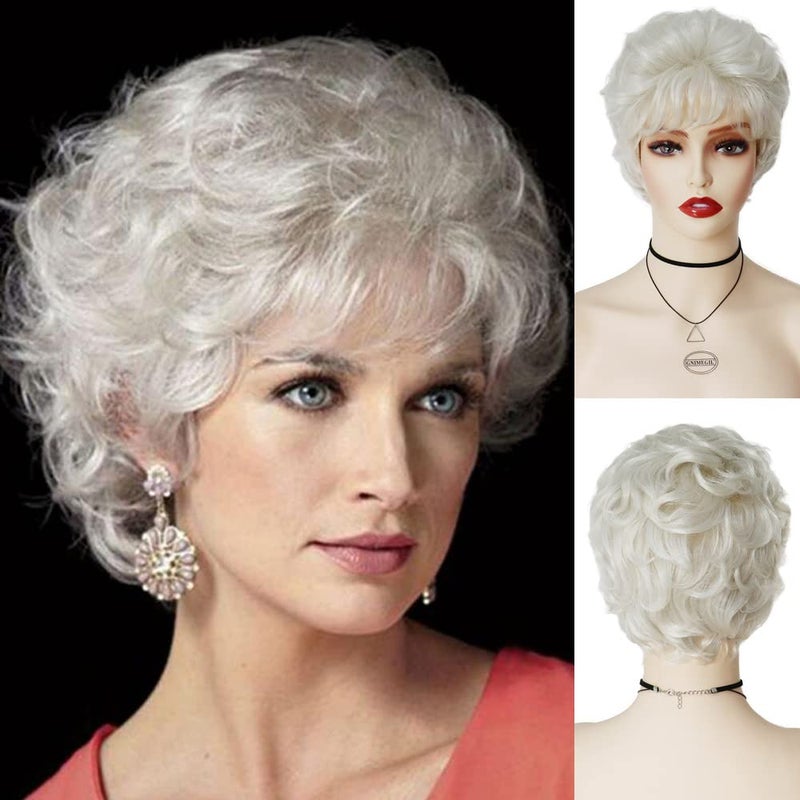 GNIMEGIL Short Platinum Blonde White Curly Wig Natural Hairstyles Layered Hair Synthetic Old Lady Costume Party Wigs for Women Mommy Halloween Granny Blanche Wig
