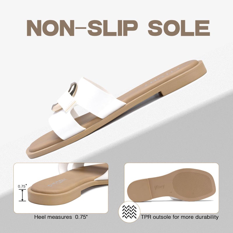 FITORY Women's Flat Sandals Fashion Square Open Toe Slides With Metal Chain Slippers for Summer Size 9 White - Image 4