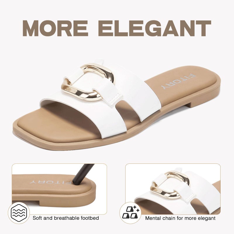 FITORY Women's Flat Sandals Fashion Square Open Toe Slides With Metal Chain Slippers for Summer Size 9 White - Image 5