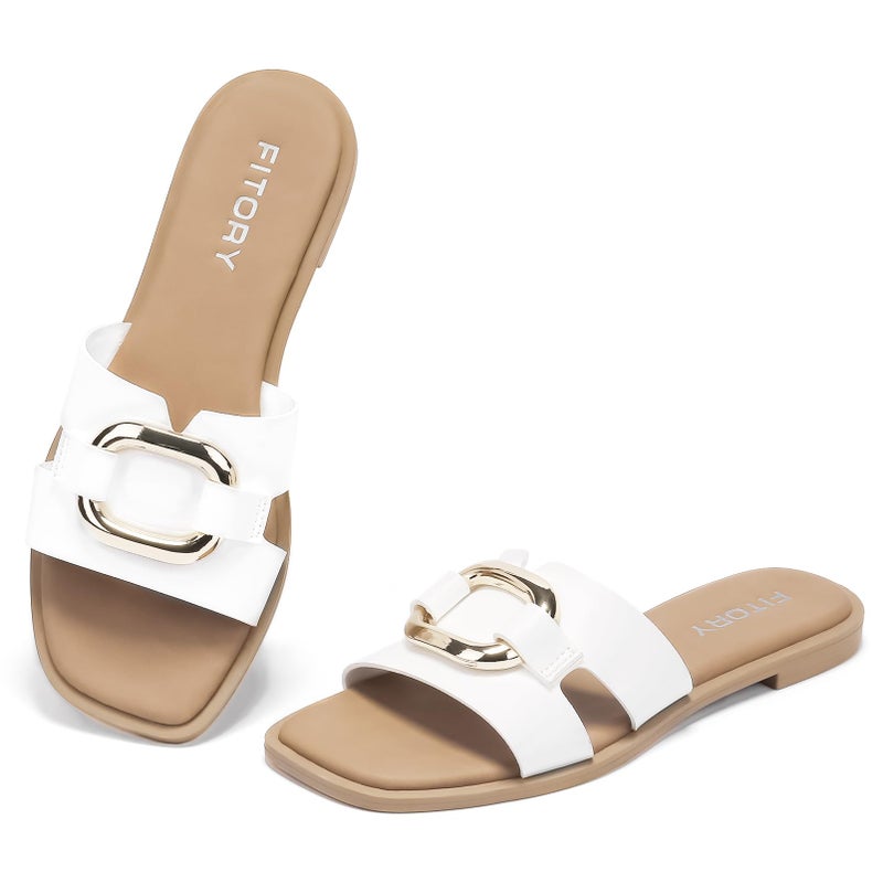 FITORY Women's Flat Sandals Fashion Square Open Toe Slides With Metal Chain Slippers for Summer Size 9 White - Image 1