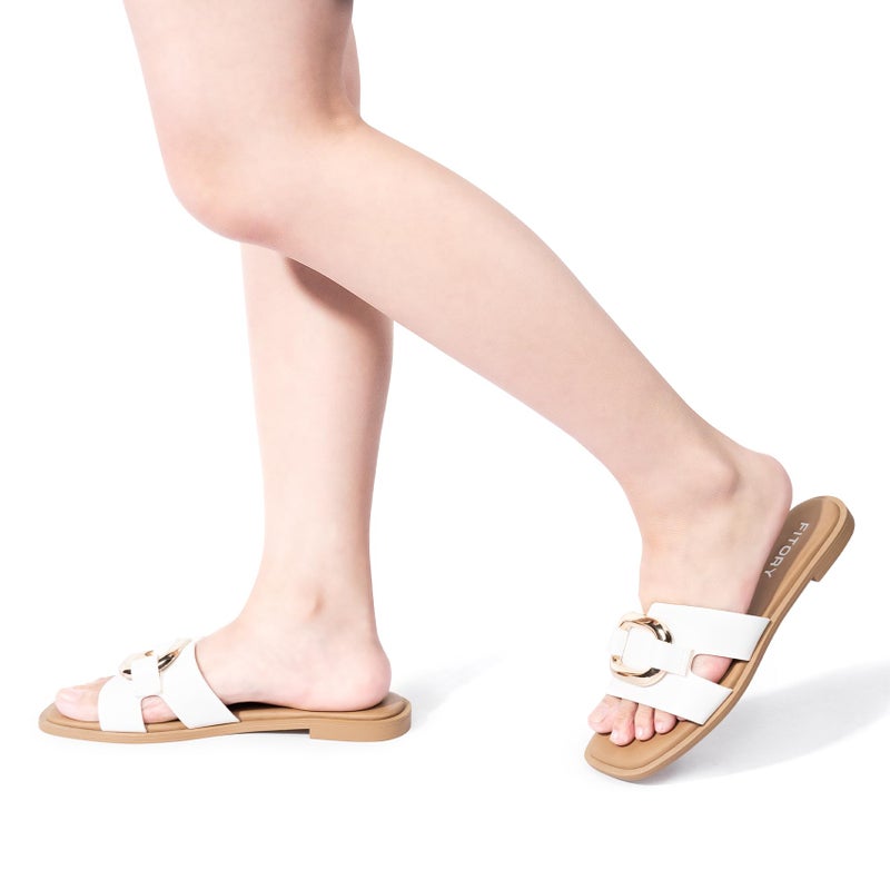 FITORY Women's Flat Sandals Fashion Square Open Toe Slides With Metal Chain Slippers for Summer Size 9 White - Image 2