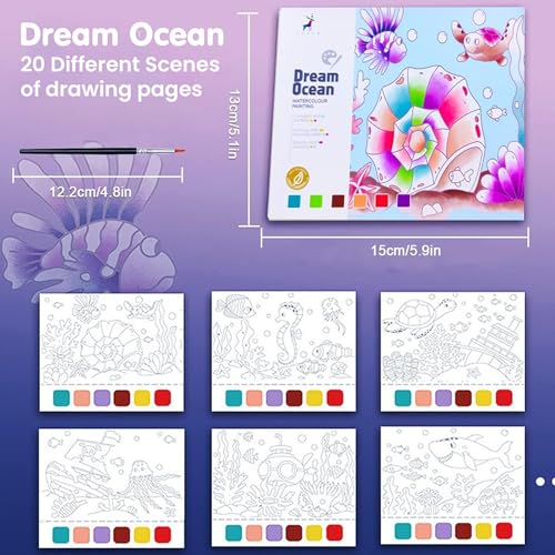 Kidology Water Color Books for Kid, Painting Book with 20 Sheet, 1 Brush, Mini Watercolor Book, Educational Montessori Toy, Gift for Boys Girls, Art & Craft Travel Activity (Dream Ocean) - Image 2