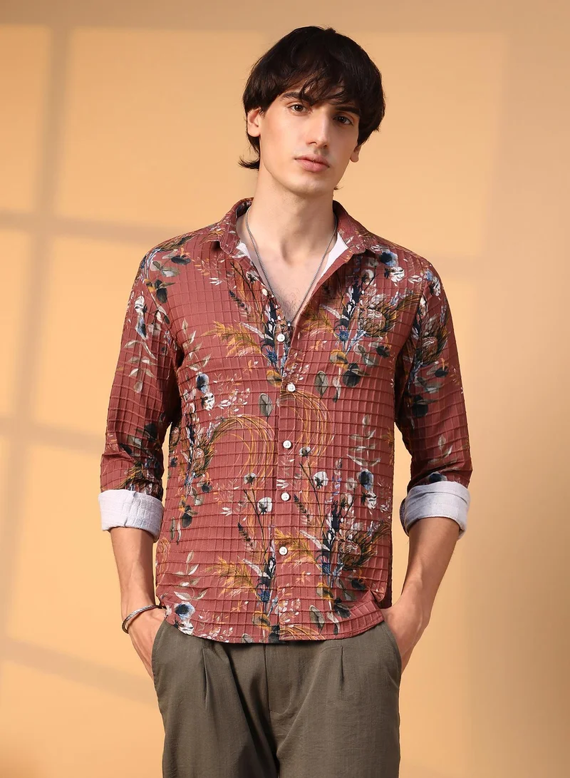 Campus Sutra Men's Terracotta Brown Sunflower-Waffle Shirt