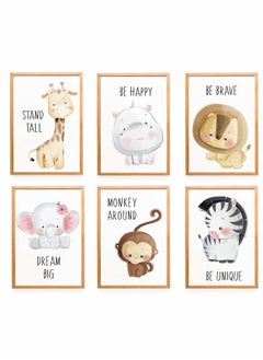 NIBEMINENT Baby Jungle Theme Nursery Decor Pictures, 6 Pack Cartoon Safari Animals Wall Art with Inspirational Quote for Boys Girls Kids Bedroom Living Room Bathroom-Unframed  - Image 1