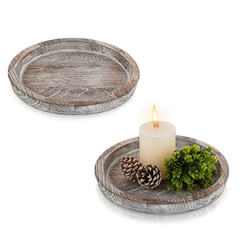 Hanobe Rustic Wooden Serving Tray Set of 2 Round Wood Butler Decorative Tray Whitewash Centerpiece Candle Holder Trays Farmhouse Ottoman Tray for Decor Kitchen Counter Home Decor for Coffee Table - Image 1
