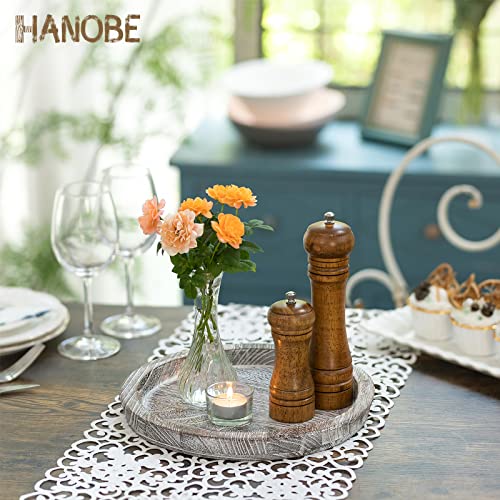 Hanobe Rustic Wooden Serving Tray Set of 2 Round Wood Butler Decorative Tray Whitewash Centerpiece Candle Holder Trays Farmhouse Ottoman Tray for Decor Kitchen Counter Home Decor for Coffee Table - Image 3