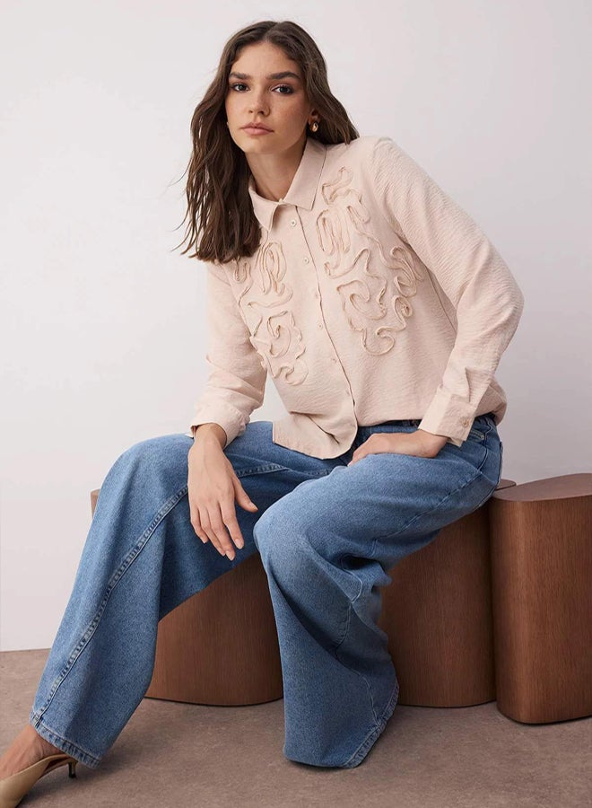 trendyol Powder Regular Aerobin Plain Woven Ruffle Embroidery Detailed Hijab Shirt on the Chest - Image 1