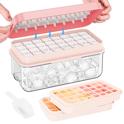 PHINOX Ice Cube Tray with Lid and Bin, Ice Trays for Freezer, Flexible Ice Cube Trays, Making 64 pcs Ice Cubes, Chilling Cocktail, Whiskey, Coffee, with 2 trays, Ice Container, Scoop&Cover, BPA Free - Image 1
