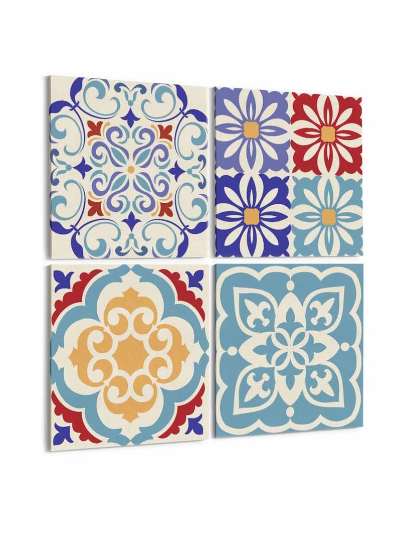 LOWHA Set Of 4 Framed Square Canvas Wall Arts Stretched Over Wooden Frame, Ceramic Tiles Painting, For Home, Living Room, Office Decor  - Image 4
