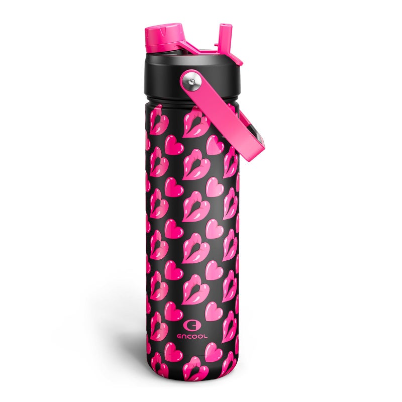 ENCOOL Valentine's Day Insulated Water Bottle with Straw Stainless Steel Water Bottle, Leak-Proof, BPA-Free, Keeps Cold for 24 Hours for Sports, Travel, School (26 oz, Kiss Love Pink x Black) - Image 1