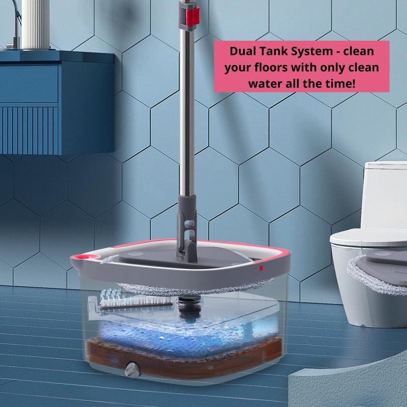 True & Tidy يتضمن نظام الممسحة والدلو True & Tidy ممسحة دوارة مربعة ودلو ممسحة مزدوج الحجرة ووسادات ممسحة سميكة قابلة للغسل في الغسالة ورأس ممسحة ممسحة إضافية - Image 2