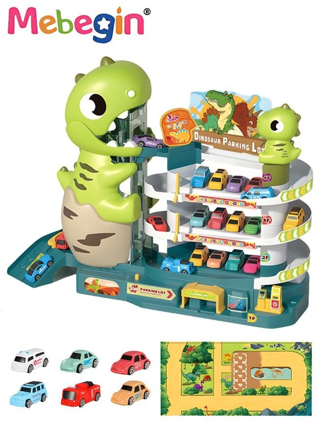 Cute Dinosaur Shape Sound Light Toy Car Garage Vehicle Playsets with 6 Mini Cars and Map Track Play Preschool Toys Montessori Vehicle Set Gift for 3 4 5 6 Year Old Boys Girls 