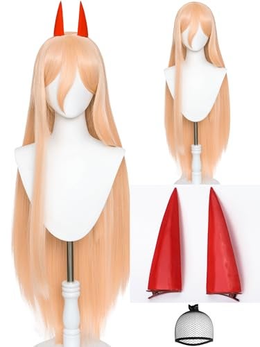 Half and Half Power Cosplay Wig 39'' Long Straight Anime Orange Wigs with Bangs + Horn Hairpins + Wig Cap for Women Halloween Costumes Party - Image 1