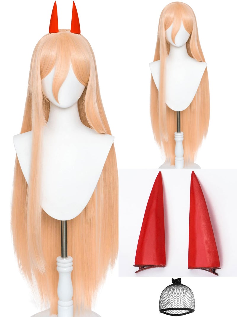 Half and Half Power Cosplay Wig 39'' Long Straight Anime Orange Wigs with Bangs + Horn Hairpins + Wig Cap for Women Halloween Costumes Party - Image 3