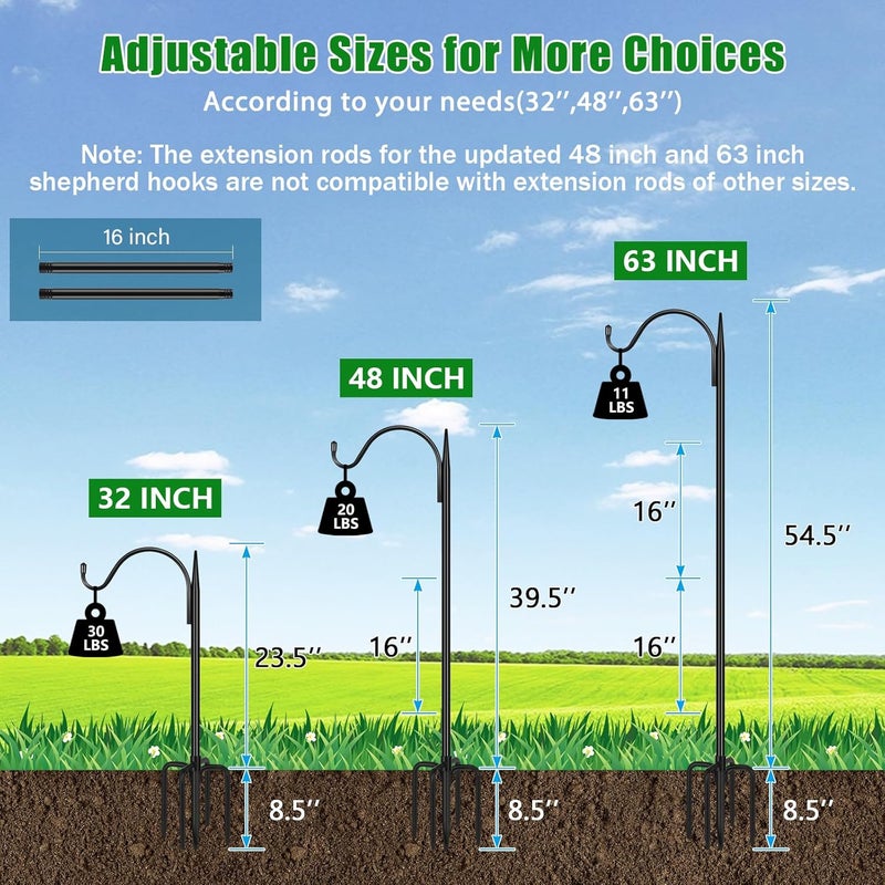 FEED GARDEN Adjustable Outdoor Shepherd Hook Bird Feeder Pole with 5 Prongs Base, 60 Inch Tall 5/8 Inch Thick, Heavy Duty Shepard Hook Stand for Hanging Bird Feeders, Plant Baskets, Black (1 Pack) - Image 1