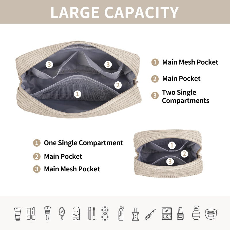 MAGEFY Small Makeup Bag for Purse Mini Cosmetics Bag Corduroy Cute Cosmetic Pouch for Women with Slip-in Pockets (Beige) - Image 3