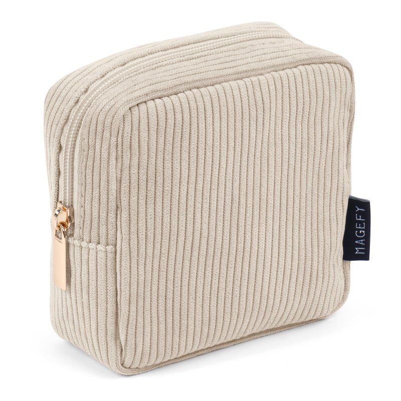MAGEFY Small Makeup Bag for Purse Mini Cosmetics Bag Corduroy Cute Cosmetic Pouch for Women with Slip-in Pockets (Beige) - Image 1