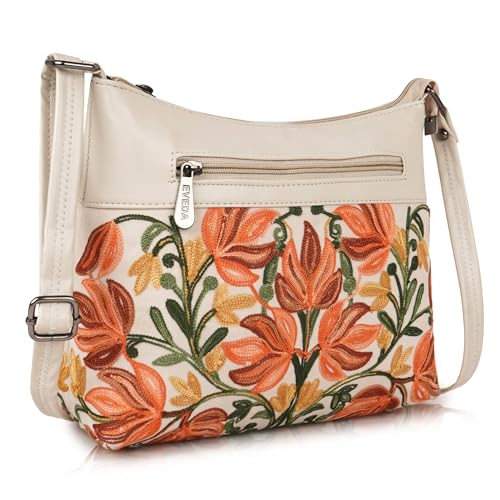 EVEDA Synthetic Leather Gorgeous Embroidered Stylish Design Shoulder Crossbody Side Sling Bag For Women (Cream) - Image 1