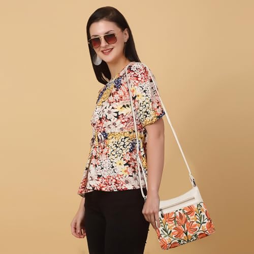 EVEDA Synthetic Leather Gorgeous Embroidered Stylish Design Shoulder Crossbody Side Sling Bag For Women (Cream) - Image 5