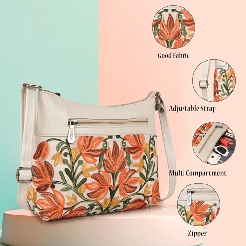 EVEDA Synthetic Leather Gorgeous Embroidered Stylish Design Shoulder Crossbody Side Sling Bag For Women (Cream) - Image 2