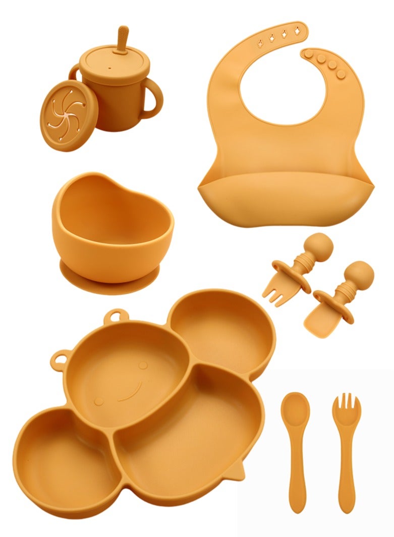 RAKAY Baby Feeding Set, 8-Piece Silicone Cutlery, Yellow. With Bibs, Bowls, Cups, Straws, Lids, Bee Plates, Short-Handled Fork Spoons, Long Fork Spoons