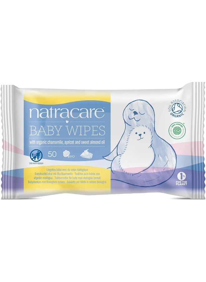 Natracare Organic Cotton Baby Wipes With Essential Oils of Chamomile, Apricot and Sweet Almond Oil (1 Pack, 50 Wipes Total) - Image 1