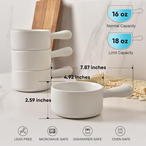 Vumdua French Onion Soup Bowls, 16 oz Ceramic Soup Bowls with Handles, Soup Crocks Oven Safe for Chili, Stew, Cereal, Microwave Dishwasher Safe, Set of 4, Wax White - Image 3
