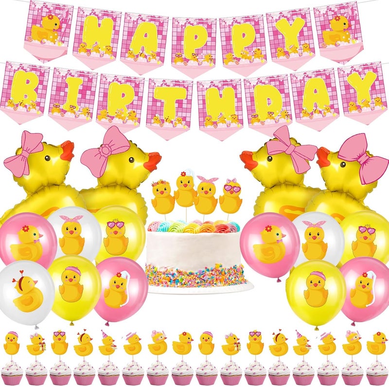 Leitee 57 Pcs Duck Birthday Decorations Balloons Party Banner Cake Topper Cupcake Toppers Rubber Duck Decor for for Birthday Party SuppliesCute - Image 1