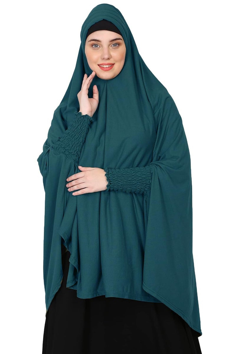 ICW Women Stretchable Jersey Smoking Sleeve Jilbab Cum Prayer khimar Hijab (Free Size) (Peacock) - Image 3