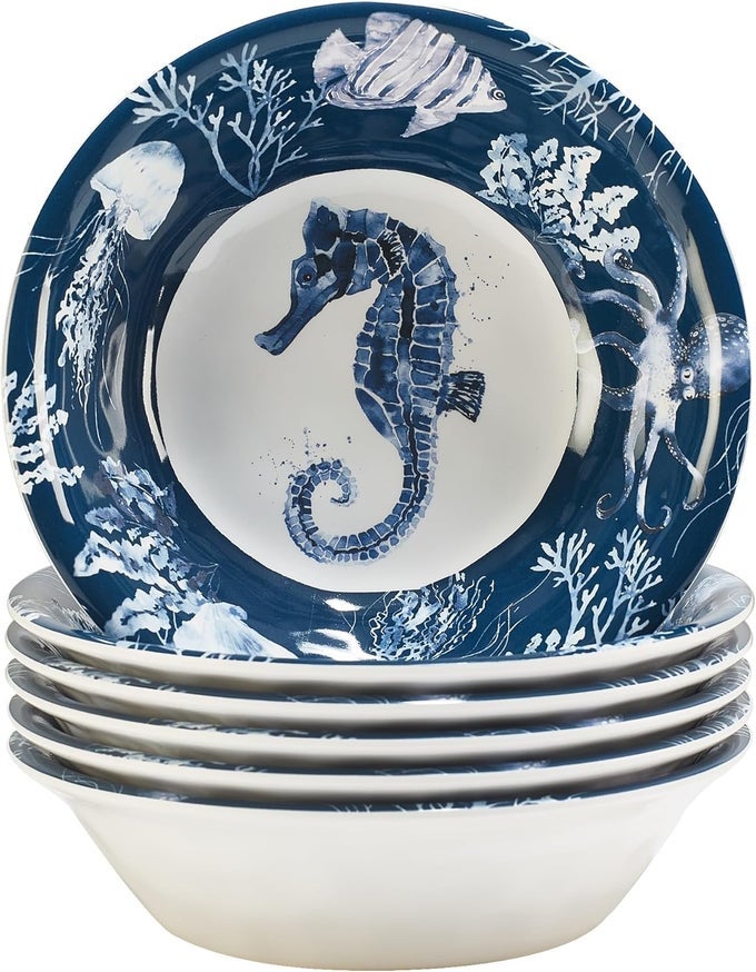 SEA LIFE MELAMINE ALL PURPOSE BOWLS SET OF 6 75 REUSABLE OCEANTHEMED BOWLS WITH SEAHORSE COASTAL ART BREAKRESISTANT NAUTICAL DINNERWARE FOR BEACH HOUSE INDOOROUTDOOR USE DISHWASHER SAFE