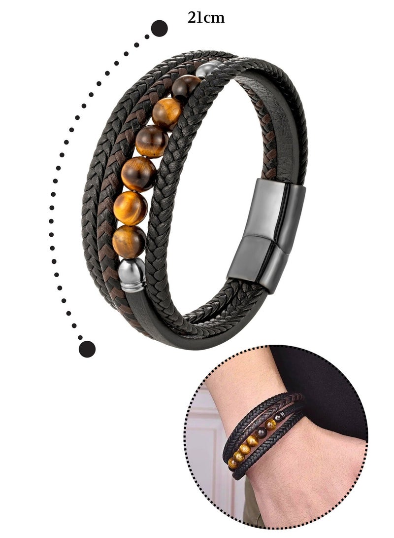 سوار خرز عين النمر الطبيعي للرجال بتصميم متعدد الطبقات من الجلد مع إغلاق مغناطيسي 21 سم - هدية مجوهرات أنيقة للرجال - Image 2