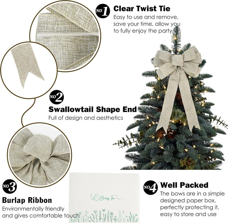 LiBongTa 13" Burlap Wired Ribbon Bow Christmas Tree Topper Bow, Rustic Bow Party Decorations, Premade Bows with Twist Tie, Large Gift Bow for Outdoor Wreath, Wedding, Holiday, Birthday-1 PCs - Image 3