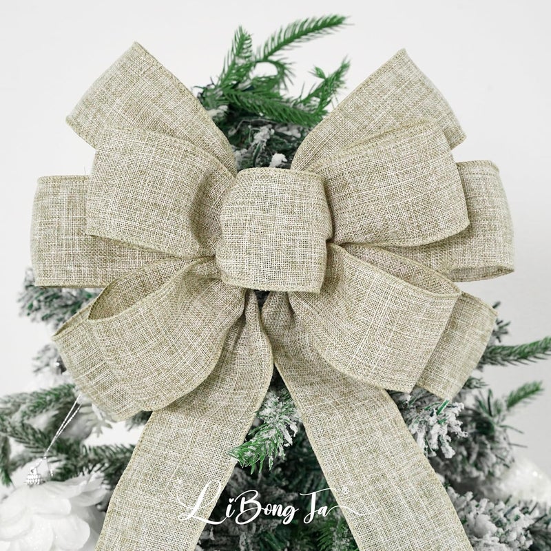 LiBongTa 13" Burlap Wired Ribbon Bow Christmas Tree Topper Bow, Rustic Bow Party Decorations, Premade Bows with Twist Tie, Large Gift Bow for Outdoor Wreath, Wedding, Holiday, Birthday-1 PCs - Image 5