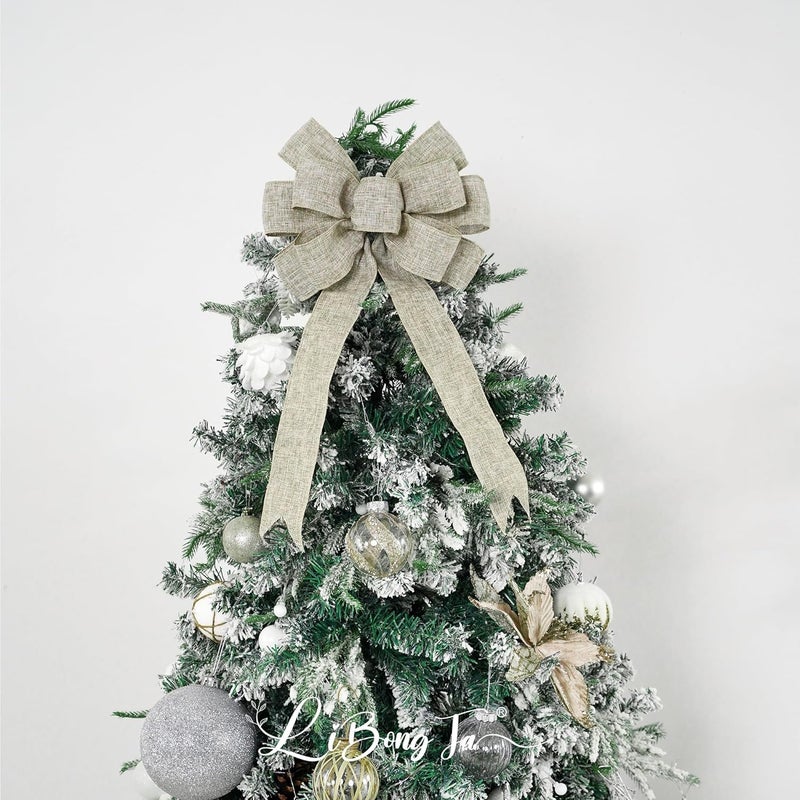 LiBongTa 13" Burlap Wired Ribbon Bow Christmas Tree Topper Bow, Rustic Bow Party Decorations, Premade Bows with Twist Tie, Large Gift Bow for Outdoor Wreath, Wedding, Holiday, Birthday-1 PCs - Image 4