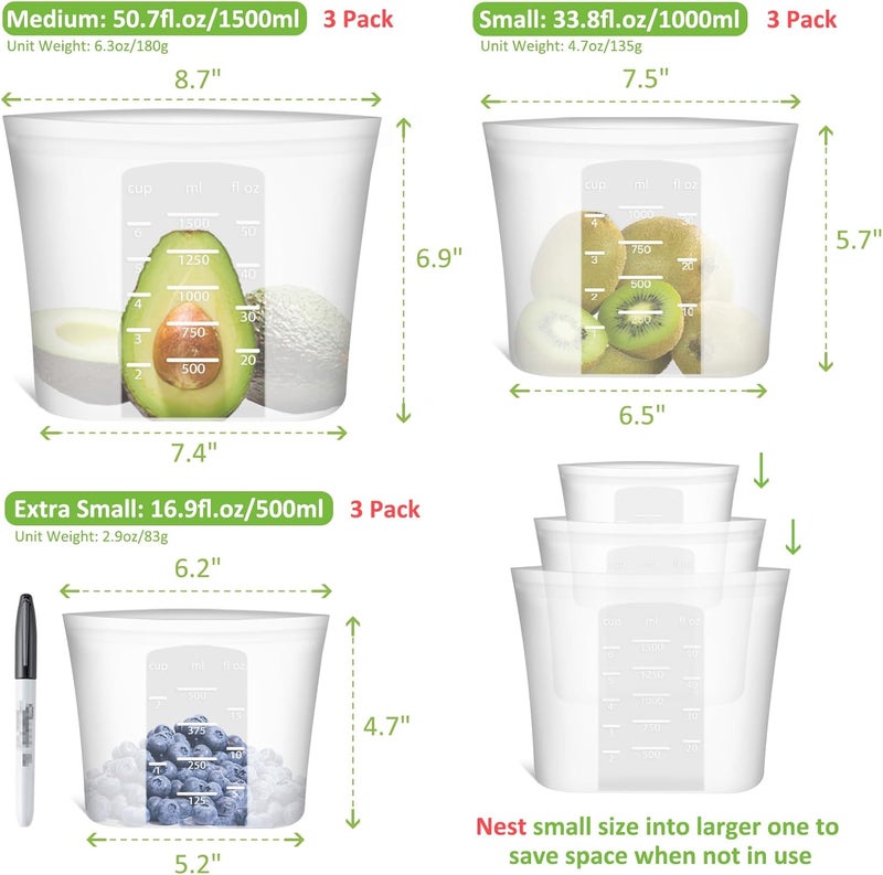 Annaklin 100% Silicone Reusable Storage Bag, 9 Pack Stand-Up Wide-Mouth Zip-Lock Food Storage Bags, Easy-Fill Easy-Open Easy-Clean Space-Saving, Microwave & Dishwasher Safe, 3 M/3 S/3 XS, Translucent - Image 3