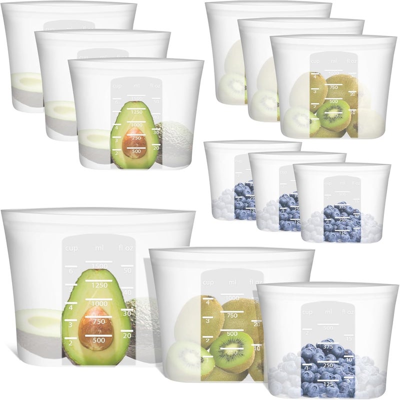 Annaklin 100% Silicone Reusable Storage Bag, 9 Pack Stand-Up Wide-Mouth Zip-Lock Food Storage Bags, Easy-Fill Easy-Open Easy-Clean Space-Saving, Microwave & Dishwasher Safe, 3 M/3 S/3 XS, Translucent - Image 1