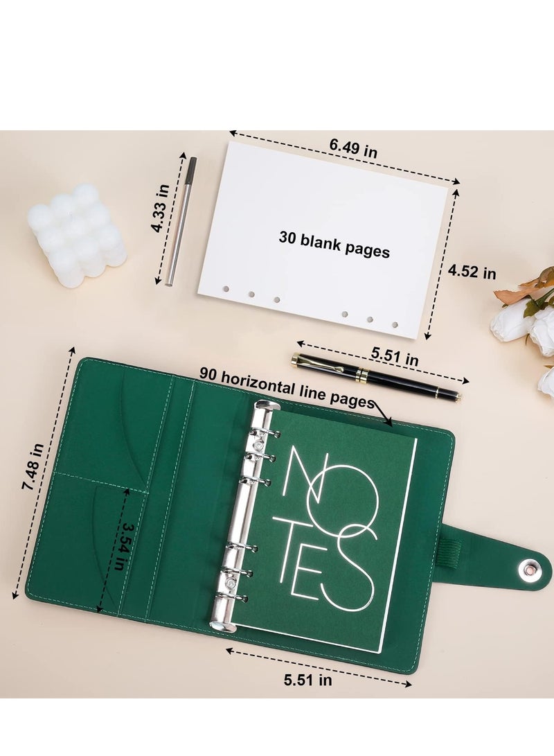 Premium Green Leather 6-Ring Refillable Travel Journal with Ballpoint Pen, 126 Thick Ruled Pages for School, Business & Daily Writing - Image 2