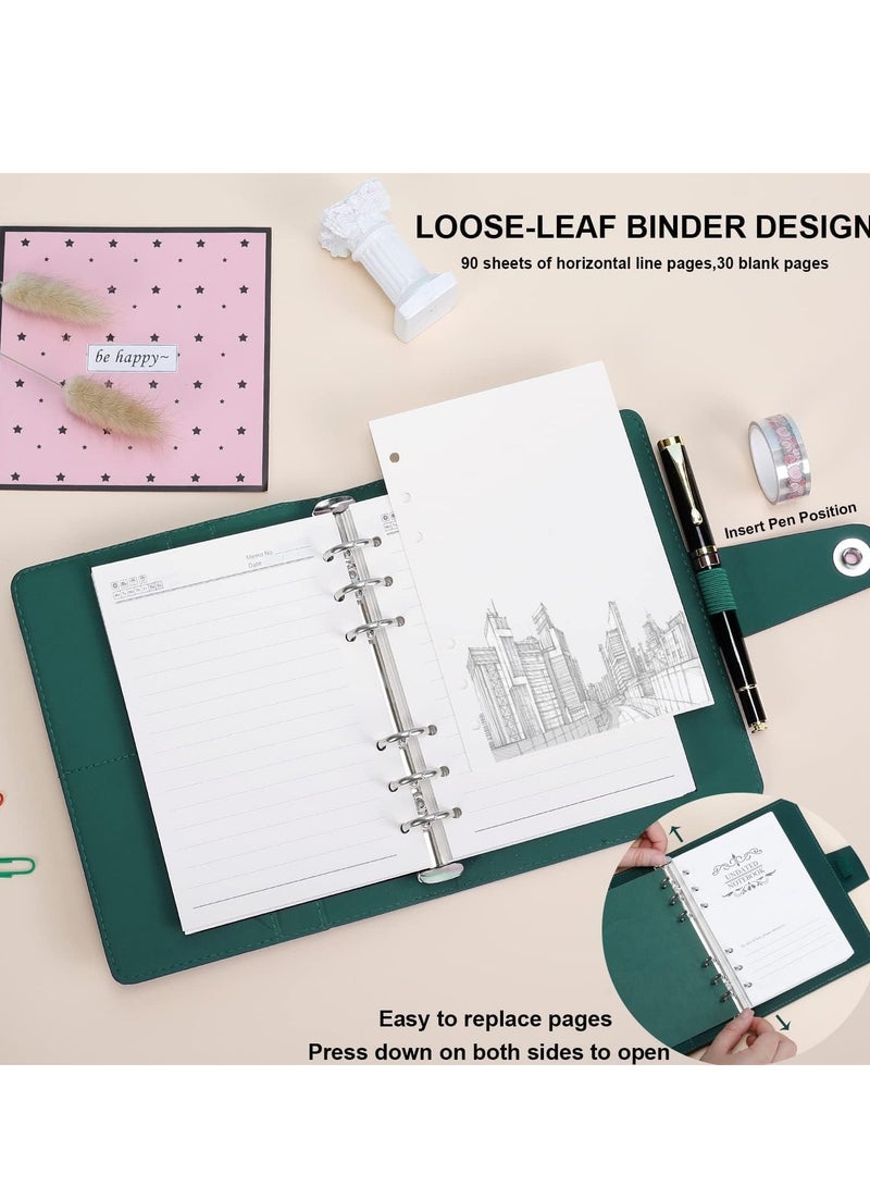 Premium Green Leather 6-Ring Refillable Travel Journal with Ballpoint Pen, 126 Thick Ruled Pages for School, Business & Daily Writing - Image 3