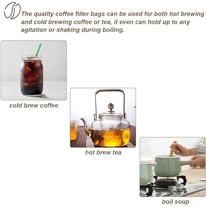 بوليفياز أكياس قهوة باردة 200 قطعة، أكياس قهوة باردة مقاس 10×15 سم، كيس فلتر للاستخدام مرة واحدة مع رباط، أكياس شاي قطنية فارغة، أكياس شبكية دقيقة برباط للقهوة المثلجة والشاي الساخن والأعشاب والتوابل - Image 4