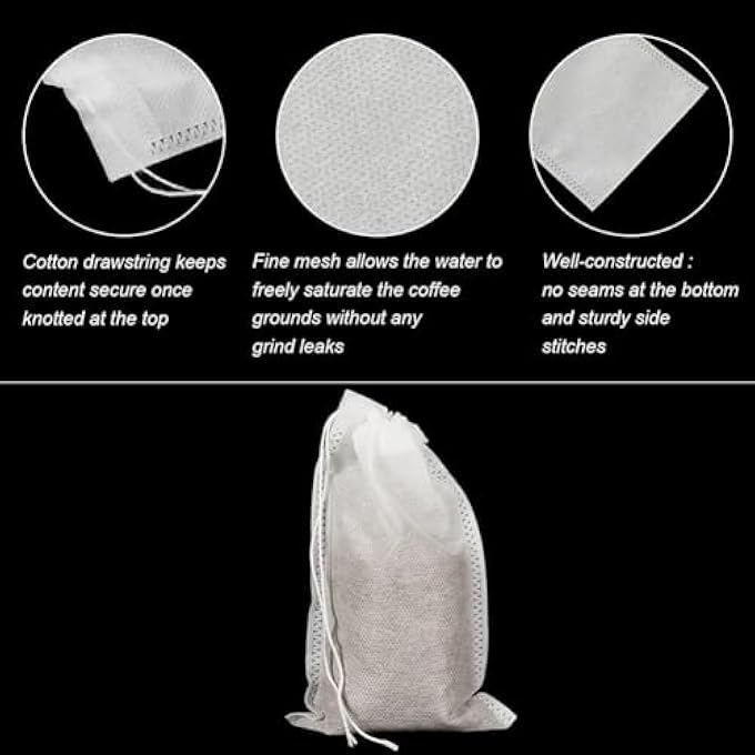 بوليفياز أكياس قهوة باردة 200 قطعة، أكياس قهوة باردة مقاس 10×15 سم، كيس فلتر للاستخدام مرة واحدة مع رباط، أكياس شاي قطنية فارغة، أكياس شبكية دقيقة برباط للقهوة المثلجة والشاي الساخن والأعشاب والتوابل - Image 3