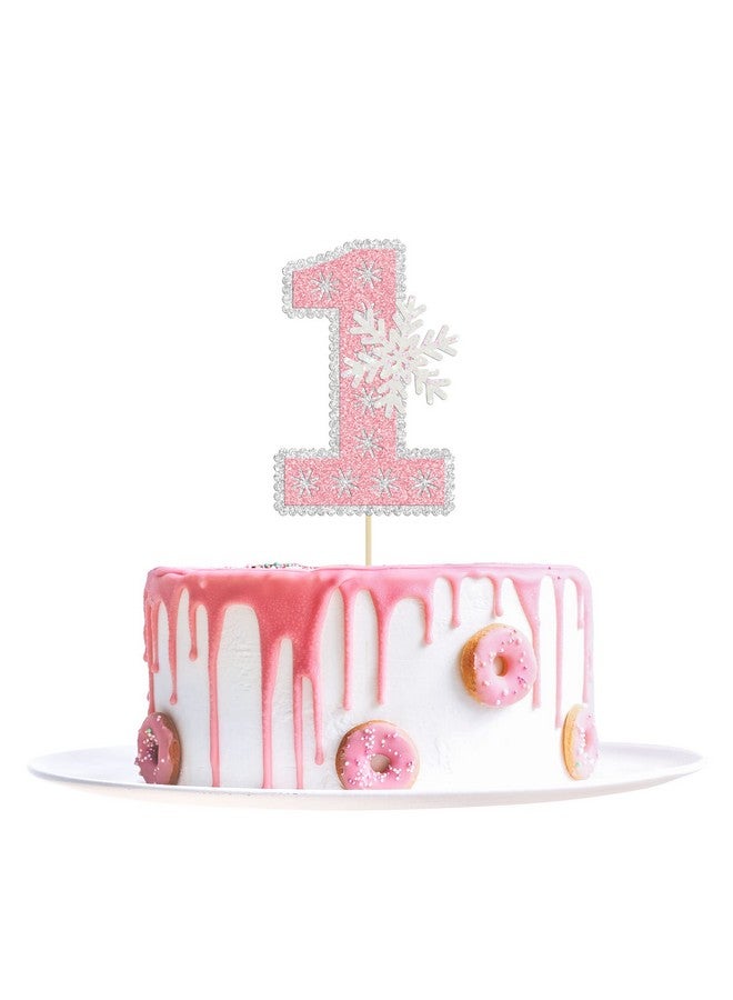 Ephlyn 1Pc Snowflake 1St Birthday Cake Topper Glitter Snowflake Number 1 Cake Pick Decorations For Winter Snowflake Theme Baby Shower Kids First Birthday Party Supplies Pink - Image 1