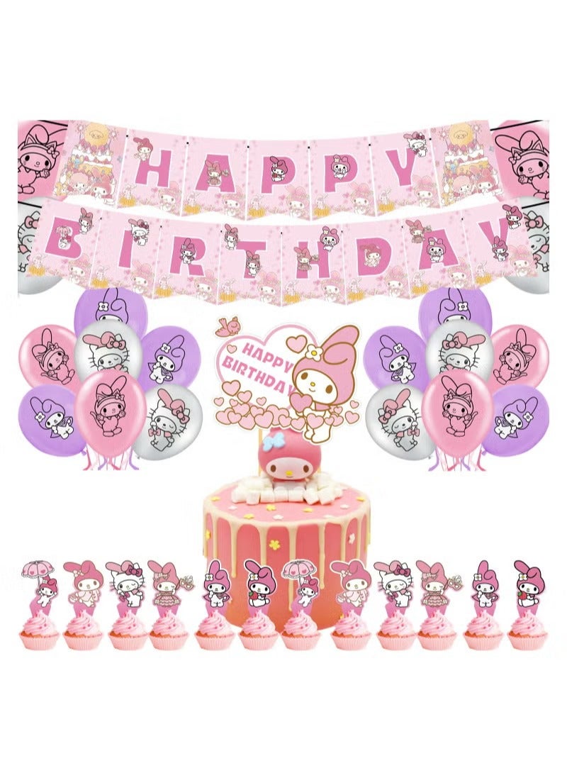 34-PCS My Melody Themed Birthday Party Balloon Flag Decoration Supplies - Image 3