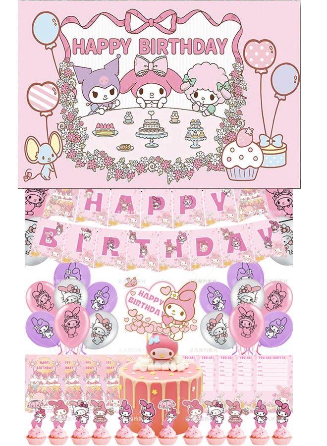 34-PCS My Melody Themed Birthday Party Balloon Flag Decoration Supplies - Image 1