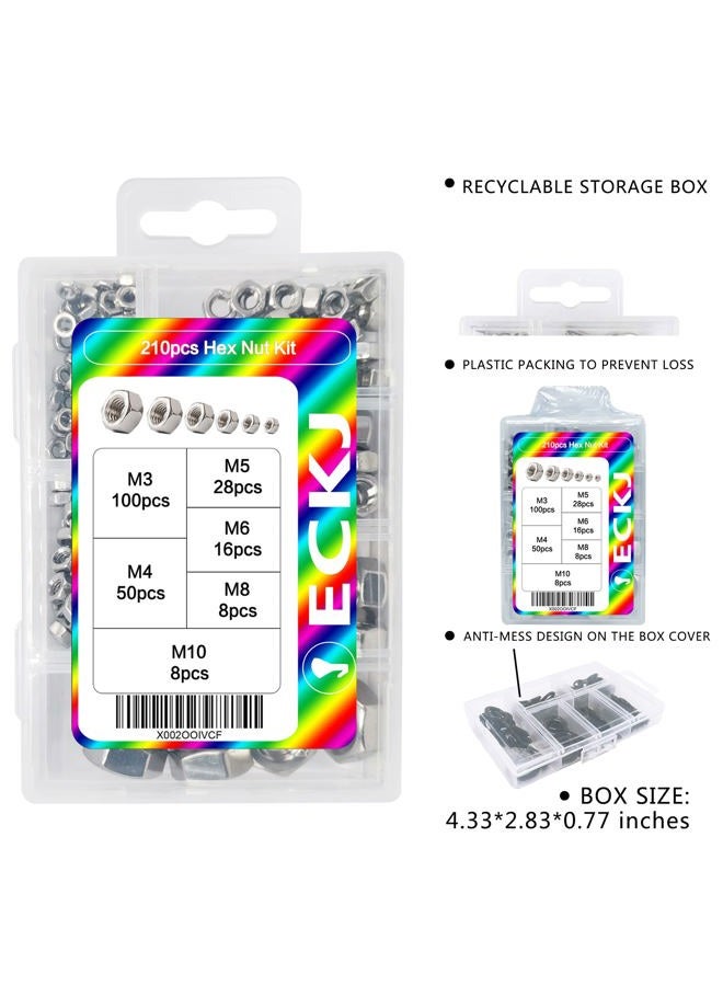 ECKJ 210PCS 304 Stainless Steel Hex Nuts Assortment Kit for Screw Bolt with 6 Sizes DIN 934 (M3 M4 M5 M6 M8 M10) Great Replacement Fasteners for Professionals, Repairmen or DIY, Meet Your Every Needs - Image 3