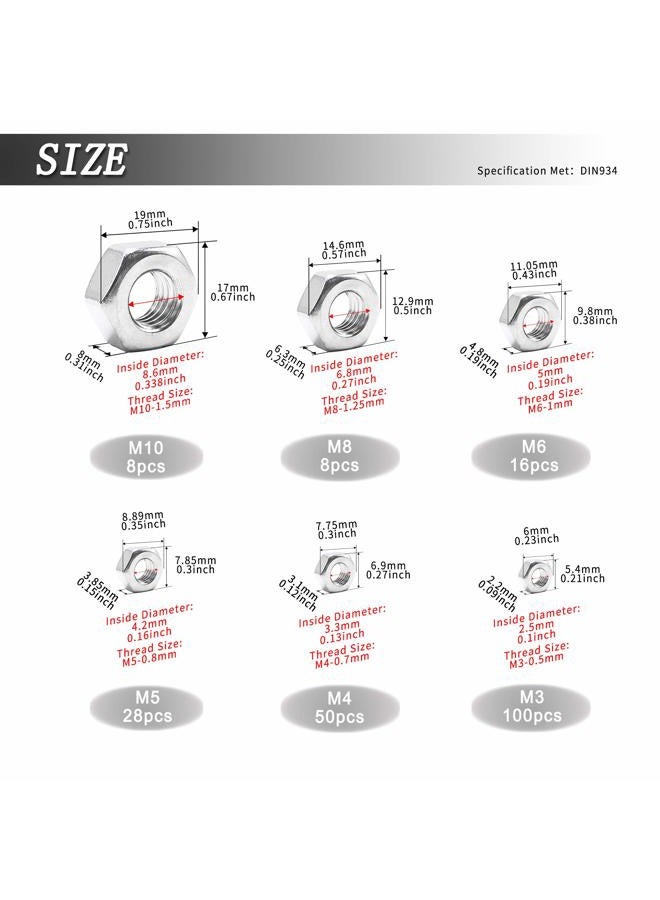 ECKJ 210PCS 304 Stainless Steel Hex Nuts Assortment Kit for Screw Bolt with 6 Sizes DIN 934 (M3 M4 M5 M6 M8 M10) Great Replacement Fasteners for Professionals, Repairmen or DIY, Meet Your Every Needs - Image 2