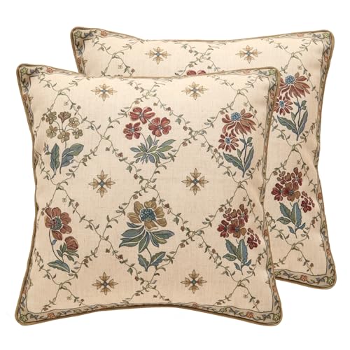 patdrea Designer Throw Pillow Covers Set of 2Square Euro Retro Style Light Brown Linen with Floral Pattern Pillow CoverDecorative Pillowcases Cushion for Bed Living Room Outdoor Car18x18 - Image 1