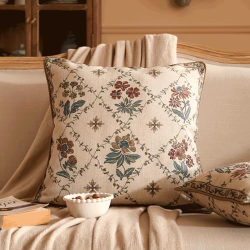 patdrea Designer Throw Pillow Covers Set of 2Square Euro Retro Style Light Brown Linen with Floral Pattern Pillow CoverDecorative Pillowcases Cushion for Bed Living Room Outdoor Car18x18 - Image 3